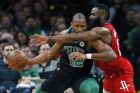 Houston Rockets' James Harden (13) defends against Boston Celtics' Al Horford (42) during the second half of an NBA basketball game in Boston, Sunday, March 3, 2019. (AP Photo/Michael Dwyer)