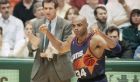 Phoenix' s Charles Barkley celebrates as his coach Paul Westphal cheers him on as they rolled to a 104-97 victory over the SuperSonics on Friday night, May 28, 1993 in Seattle.   Phoenix leads the best of seven series 2-1 with the fourth game on Sunday in Seattle. (AP Photo/Bill Chan)