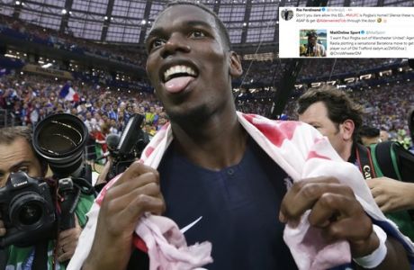 France's Paul Pogba, right, celebrates at the end of the final match between France and Croatia at the 2018 soccer World Cup in the Luzhniki Stadium in Moscow, Russia, Sunday, July 15, 2018. France won 4-2. (AP Photo/Petr David Josek)