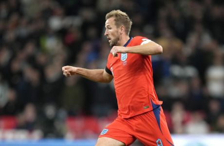 England's Harry Kane during the UEFA Nations League soccer match between England and Germany at Wembley stadium in London, Monday, Sept. 26, 2022. (AP Photo/Kirsty Wigglesworth)