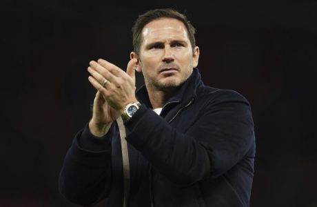 FILE - Everton's head coach Frank Lampard applauds after the English FA Cup soccer match between Manchester United and Everton at Old Trafford in Manchester, England, Jan. 6, 2023. Frank Lampard looks to have taken charge of his last match as Everton manager. British media reported Monday Jan. 23, 2023, that Lampard has been fired, with the club in the relegation zone of the Premier League. (AP Photo/Dave Thompson, File)