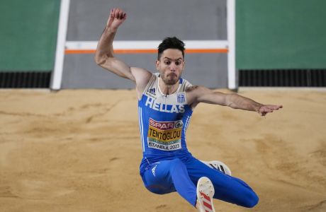 Miltiadis Tentoglou, of Greece, makes an attempt in the Men long jump qualification at the European Athletics Indoor Championships at Atakoy Arena in Istanbul, Turkey, Friday, March 3, 2023. (AP Photo/Khalil Hamra)