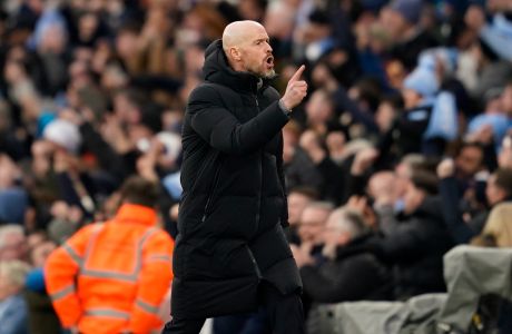 Manchester United's head coach Erik ten Hag reacts after Manchester City's Phil Foden scored his side's first goal during an English Premier League soccer match between Manchester City and Manchester United at the Etihad Stadium in Manchester, England, Sunday, March 3, 2024. (AP Photo/Dave Thompson)