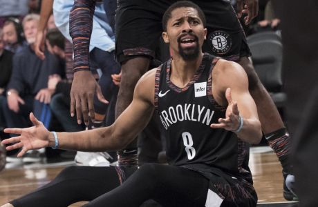 Brooklyn Nets guard Spencer Dinwiddie reacts during the second half of an NBA basketball game against the Memphis Grizzlies, Friday, Nov. 30, 2018, in New York. The Grizzlies won 131-125. (AP Photo/Mary Altaffer)