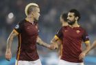 Romas Radja Nainggolan, left, congratulates Mohamed Salah as they celebrate their sides' 3-2 win over Leverkusen at the end of a Champions League group E soccer match at the Olympic stadium, in Rome, Italy, Wednesday, Nov. 4, 2015. (AP Photo/Andrew Medichini)