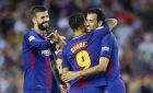 FC Barcelona's Sergio Busquets, right, celebrates after scoring during the Joan Gamper trophy friendly soccer match between FC Barcelona and Chapecoense at the Camp Nou stadium in Barcelona, Spain, Monday, Aug. 7, 2017. (AP Photo/Manu Fernandez)