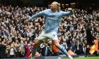 Manchester City's Erling Haaland celebrates with after scoring his side's second goal during the English Premier League soccer match between Manchester City and and Everton, at the Etihad stadium in Manchester, England, Saturday, February 10, 2024. (AP Photo/Rui Viera)