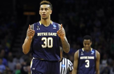 Notre Dame's Zach Auguste reacts during the second half of a regional final men's college basketball game against North Carolina in the NCAA Tournament, Sunday, March 27, 2016, in Philadelphia. (AP Photo/Matt Rourke)