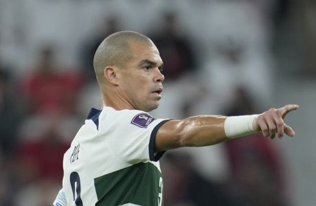 Portugal's Pepe gestures during the World Cup quarterfinal soccer match between Morocco and Portugal, at Al Thumama Stadium in Doha, Qatar, Saturday, Dec. 10, 2022. (AP Photo/Ricardo Mazalan)