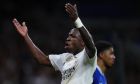 Real Madrid's Vinicius Junior reacts during the Champions League quarterfinal, first leg, soccer match between Real Madrid and Chelsea at the Santiago Bernabeu stadium in Madrid, Spain, Wednesday, April 12, 2023. (AP Photo/Manu Fernandez)