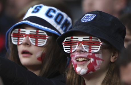 England fans in the stands ahead of an international friendly soccer match between England and Ivory Coast at Wembley stadium in London, Tuesday, March 29, 2022. (AP Photo/Ian Walton)
