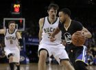 Golden State Warriors' Stephen Curry, right, drives the ball against Milwaukee Bucks' Mirza Teletovic during the second half of an NBA basketball game Saturday, March 18, 2017, in Oakland, Calif. (AP Photo/Ben Margot)