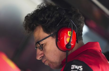 Ferrari team chief Mattia Binotto grimaces during the qualifying session at the Barcelona Catalunya racetrack in Montmelo, Spain, Saturday, May 21, 2022. The Formula One race will be held on Sunday. (AP Photo/Pool/Manu Fernandez)