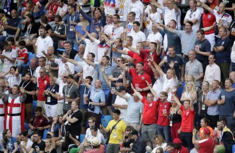 English fans cheer for their team during the third place match between England and Belgium at the 2018 soccer World Cup in the St. Petersburg Stadium in St. Petersburg, Russia, Saturday, July 14, 2018. (AP Photo/Dmitri Lovetsky)