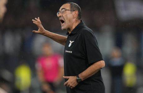 Lazio's head coach Maurizio Sarri gestures during a Serie A soccer match between Lazio and Napoli at Rome's Olympic Stadium, Saturday, Sept. 3, 2022. (AP Photo/Andrew Medichini)
