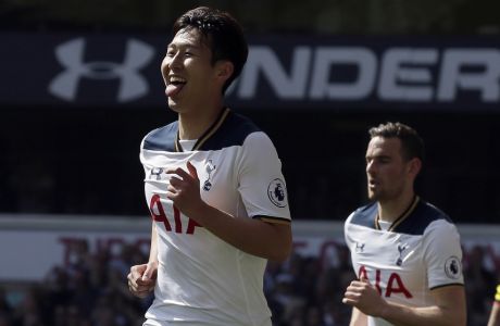 Tottenham's Son Heung-Min celebrates after scoring a goal during the English Premier League soccer match between Tottenham Hotspur and Watford at White Hart Lane in London, Saturday April 8, 2017. (AP Photo/Tim Ireland)