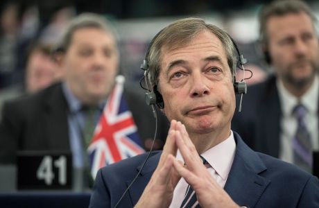 Former U.K. Independence Party (UKIP) leader and member of the European Parliament Nigel Farage at the European Parliament in Strasbourg, France, Wednesday March 27, 2019. The Parliament discusses the conclusions of the 21-22 March EU summit, including Brexit, with European Council President Donald Tusk and Commission President Jean-Claude Juncker. (AP Photo/Jean-Francois Badias)