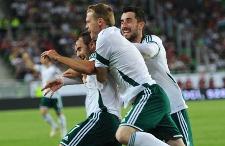 Northern Ireland's midfielder Niall McGinn (L) celebrates with teammates after scoring during the UEFA Euro 2016 Group F qualifying match of Hungary vs Northern Ireland on September 7, 2014 in Budapest.     AFP PHOTO / ATTILA KISBENEDEK        (Photo credit should read ATTILA KISBENEDEK/AFP/Getty Images)