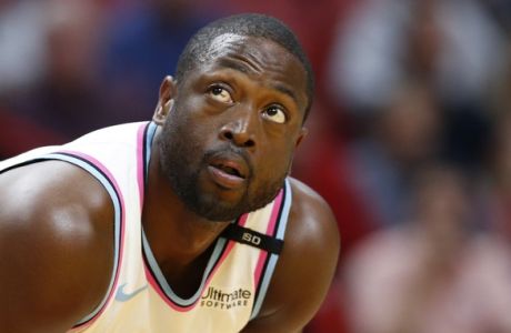 Miami Heat guard Dwyane Wade is shown during the first half of an NBA basketball game against the Oklahoma City Thunder, Monday, April 9, 2018, in Miami. (AP Photo/Wilfredo Lee)