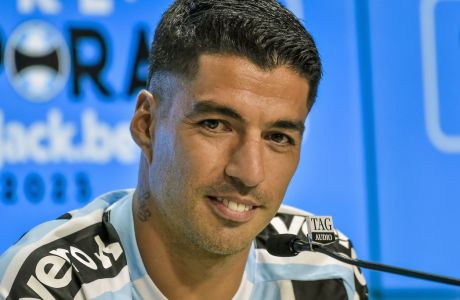 Uruguayan player Luis Suarez speaks during a press conference after his presentation as Gremio´s new player 
during an event at the Gremio Arena stadium, in Porto Alegre, Brazil, Tuesday, April 26, 2023. (AP Photo/Wesley Santos)