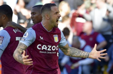 Aston Villa's Danny Ings celebrates after scoring his side's third goal from the penalty spot during the English Premier League soccer match between Aston Villa and Brentford at Villa Park in Birmingham, England, Sunday, Oct. 23, 2022. (AP Photo/Rui Vieira)