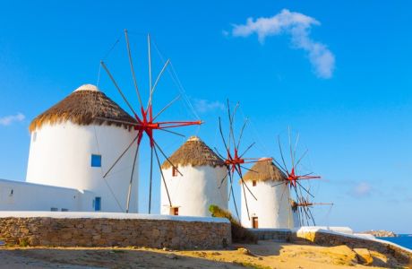 Windmills with blue sky  Mykonos Island Greece Cyclades