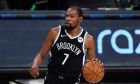 Brooklyn Nets forward Kevin Durant (7) during the first half of a preseason NBA basketball game against the Washington Wizards, Sunday, Dec. 13, 2020, in New York. (AP Photo/Kathy Willens)