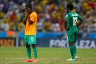 FORTALEZA, BRAZIL - JUNE 24: A dejected Max Gradel (L) and Wilfried Bony of the Ivory Coast look on after being defeated by Greece 2-1 during the 2014 FIFA World Cup Brazil Group C match between Greece and the Ivory Coast at Castelao on June 24, 2014 in Fortaleza, Brazil.  (Photo by Michael Steele/Getty Images)