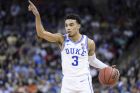 Duke guard Tre Jones (3) calls an offensive play during the second half of a second-round game in the NCAA men's college basketball tournament Sunday, March 24, 2019, in Columbia, S.C. (AP Photo/Sean Rayford)
