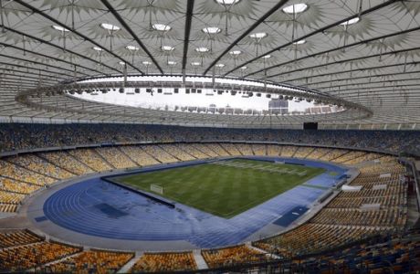 A general view of the Olympiyskiy national stadium, which will host the Champions league final soccer match in Kiev, Ukraine, Tuesday, Nov. 14, 2017.The match will be played at the NSC Olimpiyskiy Stadium on May 26, 2018. (AP Photo/Efrem Lukatsky)