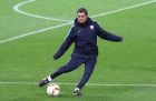 Athletic Bilbao's coach Ernesto Valverde kicks the ball during a training session, at the Velodrome stadium, in Marseille, southern France, Wednesday, Feb.17, 2016. Athletic Bilbao will face Marseille for an Europa League first leg soccer match on Thursday. (AP Photo/Claude Paris)