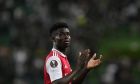 Arsenal's Bukayo Saka waves fans at the end of the Europa League round of 16, first leg, soccer match between Sporting CP and Arsenal at the Alvalade stadium in Lisbon, Thursday, March 9, 2023. (AP Photo/Armando Franca)