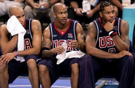 USA's Richard Jefferson, Stephon Marbury and Carmelo Anthony, left to right, watch as their team trail Argentina during the third quarter Friday, Aug. 27, at the 2004 Summer Olympics in Athens. Argentina beat USA, 89-81. (AP Photo/Douglas C. Pizac)