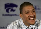 Kansas State freshman Michael Beasley announces his plans to take part in the NBA draft during a news conference in Manhattan, Kan. Monday, April 14, 2008. (AP Photo/Charlie Riedel)