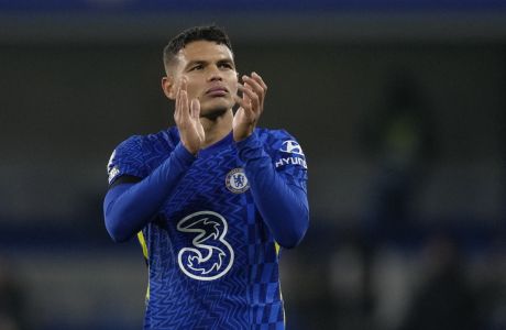 Chelsea's Thiago Silva applauds fans at the end of the English Premier League soccer match between Chelsea and Tottenham Hotspur at Stamford Bridge stadium in London, England, Sunday, Jan. 23, 2022. (AP Photo/Kirsty Wigglesworth)