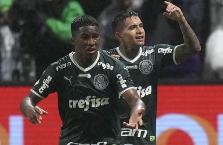 Palmeiras' Dudu, right, celebrates with teammate Endrick after scoring during a Brazilian soccer league match against Fortaleza in Sao Paulo, Brazil, Wednesday, Nov. 2, 2022. (AP Photo/Andre Penner)