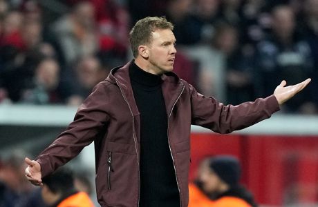 FILE - Bayern head coach Julian Nagelsmann reacts during his last German Bundesliga soccer match against Bayer Leverkusen in Leverkusen, Germany, Sunday, March 19, 2023. Bayern Munich might be about to change coaches for the final stretch of the season. The German champions were on the verge of firing Nagelsmann and replacing him with Thomas Tuchel, according to reports in Germany on Thursday. (AP Photo/Martin Meissner, File)