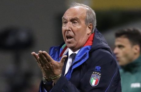 Italy coach Gian Piero Ventura gestures during the World Cup qualifying play-off second leg soccer match between Italy and Sweden, at the Milan San Siro stadium, Italy, Monday, Nov. 13, 2017. (AP Photo/Luca Bruno)