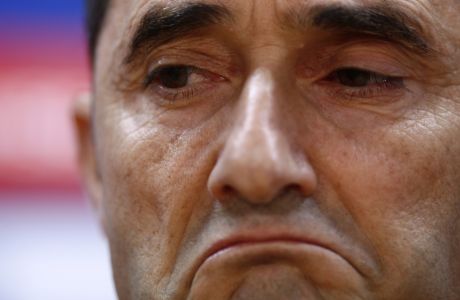 FC Barcelona's coach Ernesto Valverde gestures during a press conference at the Sports Center FC Barcelona Joan Gamper in Sant Joan Despi, Spain  Tuesday, March 13, 2018. FC Barcelona will play against Chelsea in a Champions League round of sixteen, second leg on Wednesday. (AP Photo/Manu Fernandez)