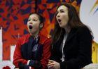 Alysa Liu performs reacts after hearing her score in the women's free skate program during the U.S. Figure Skating Championships, Friday, Jan. 25, 2019, in Detroit. Liu won the 2019 Senior Women's Championship. (AP Photo/Carlos Osorio)