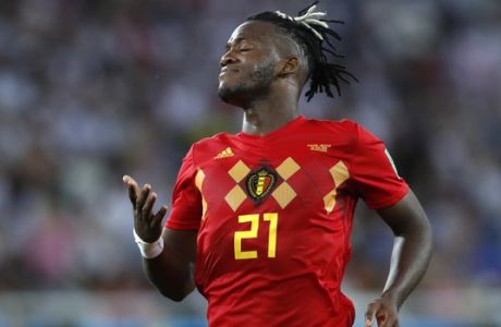 Belgium's Michy Batshuayi reacts during the group G match between England and Belgium at the 2018 soccer World Cup in the Kaliningrad Stadium in Kaliningrad, Russia, Thursday, June 28, 2018. (AP Photo/Hassan Ammar)