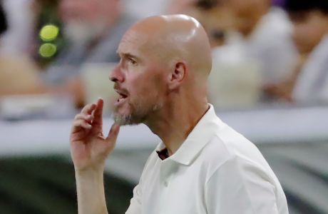 Manchester United head coach Erik Ten Hag during the second half of an Champions Tour friendly soccer match against Real Madrid Wednesday, July 26, 2023, in Houston. (AP Photo/Michael Wyke)