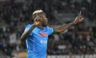Napoli's Victor Osimhen reacts after a goal he scored was disqualified during a Serie A soccer match between Roma and Napoli, at Rome's Olympic Stadium, Sunday, Oct. 24, 2021. (AP Photo/Andrew Medichini)