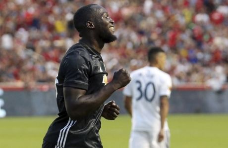 Manchester United forward Romelu Lukaku, celebrates after scoring against Real Salt Lake during the first half of a friendly soccer match Monday, July 17, 2017, in Sandy, Utah. (AP Photo/Rick Bowmer)