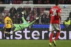 AEK goalkeeper Vassilis Barkas leaps as a shoyt from Benfica's Haris Seferovic hits the woodwork during the Champions League group E soccer match between Benfica and AEK Athens at the Luz stadium in Lisbon, Wednesday, Dec. 12, 2018. (AP Photo/Armando Franca)