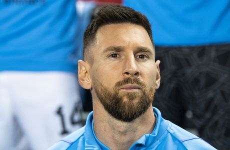 Argentina forward Lionel Messi attends an international friendly soccer match against Jamaica on Tuesday, Sept. 27, 2022, in Harrison, N.J. Argentina won 3-0. (AP Photo/Eduardo Munoz Alvarez)