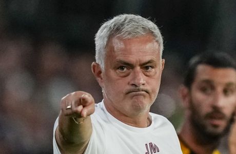 Roma's head coach Jose Mourinho gestures during a Group C Europa League soccer match between Betis and Roma at the Benito Villamarin stadium in Seville, Spain, Thursday, Oct. 13, 2022. (AP Photo/Jose Breton)