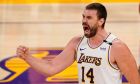 Los Angeles Lakers center Marc Gasol celebrates after scoring during the first half in Game 4 of an NBA basketball first-round playoff series against the Phoenix Suns Sunday, May 30, 2021, in Los Angeles. (AP Photo/Mark J. Terrill)