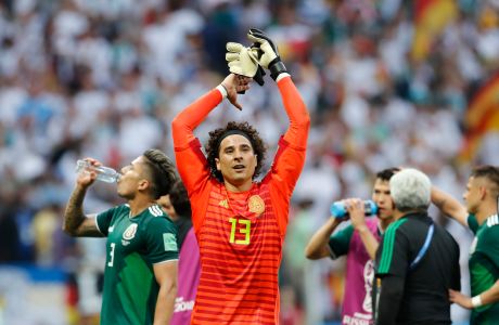 Mexico goalkeeper Guillermo Ochoa celebrates after winning the group F match between Germany and Mexico at the 2018 soccer World Cup in the Luzhniki Stadium in Moscow, Russia, Sunday, June 17, 2018. Mexico won Germany 1-0. (AP Photo/Antonio Calanni)