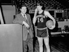 Ole Miss Rebels basketball coach Cob Jarvis, left, poses with his star player Johnny Neumann during a practice session at the University of Mississippi campus in Oxford, March 12, 1971. (AP Photo)